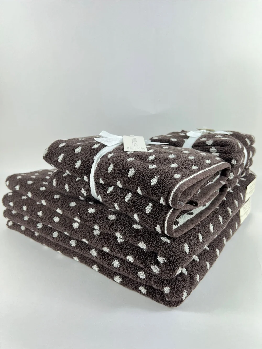 Rachel Zoe Bath Towel Set Brown Off White Polka Dots Soft 100% Cotton 8 Pc NEW